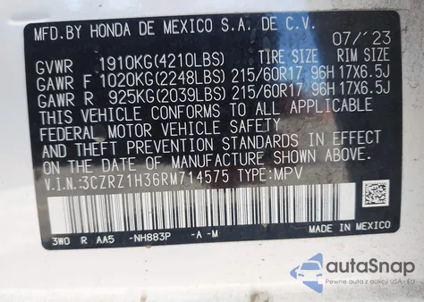2024 Honda Hr-V 2Wd Lx z USA, uszkodzony, nr VIN 3CZRZ1H36RM714575